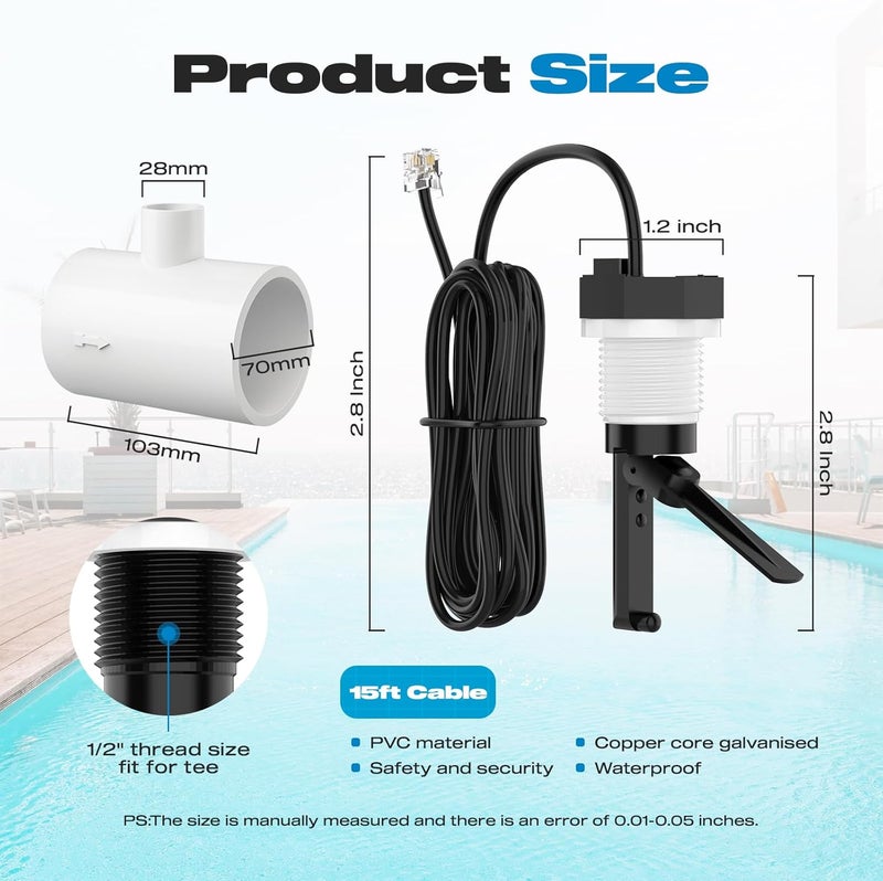 Malictele Malicetel Flow Switch GLX-FLO-RP for Hayward Goldline Aquarite Salt System Pool Flow Sensor Suitable Hayward Salt Cell and Chlorine Generator with Tee and 15ft Cable - Image 2